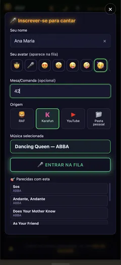 Entrar na fila: Nome, avatar, mesa e a música, com sugestões parecidas para quem ficou na dúvida.