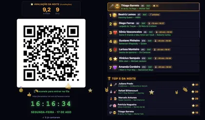 Modo TV: O telão que o salão enxerga: fila, QR para entrar e o ranking da noite.